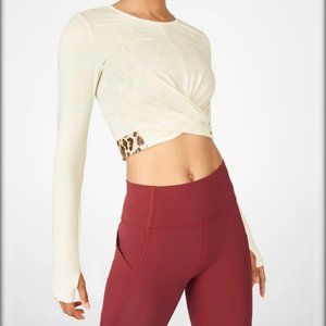Fabletics Eco-Conscious Front Twist Long-Sleeve Crop Top Cream Animal Print Sz S
